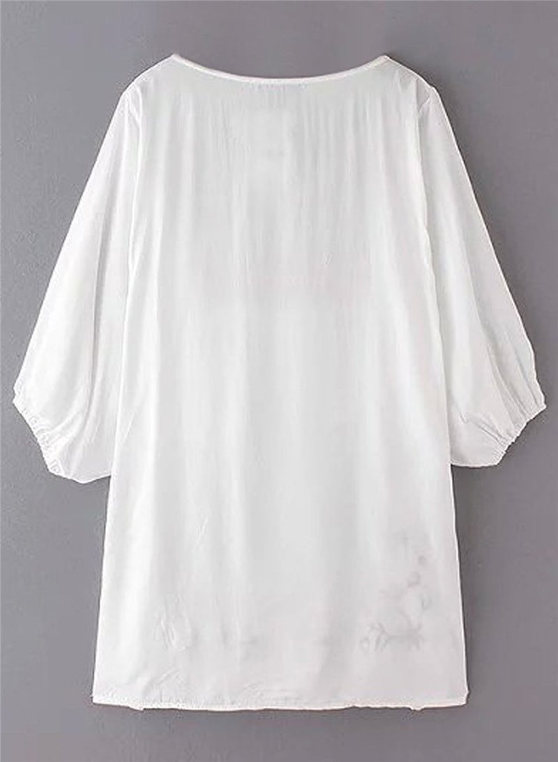 Kafeimali Women's Summer Mini Dress Bohemian Embroidery Tunic Shift Blouse (White) - Image 5